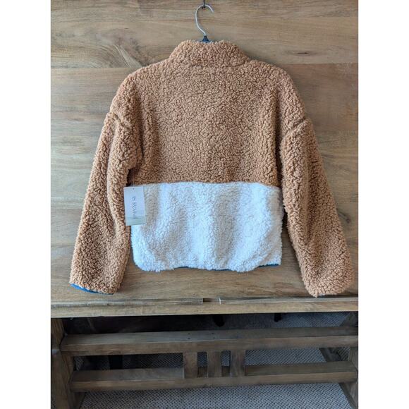 AS Revival Sherpa Fleece Sweater Women XS Brown White Colorblock Snap Front - Picture 3 of 3
